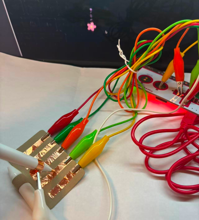 By using copper strips to connect the circuit with MakeyMakey, the control and visual effects can interact. (Object connection